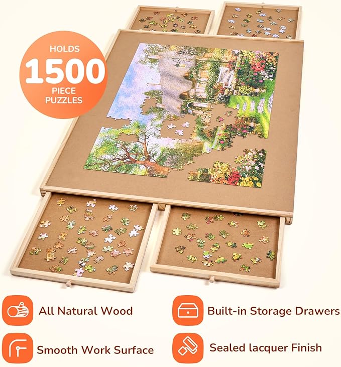 Gamenote 1500 Pieces Rotating Jigsaw Puzzle Table with Cover, Portable Large Puzzle Board with Drawer, Wooden Smooth Plateau Work Surface for Kids Family Game
