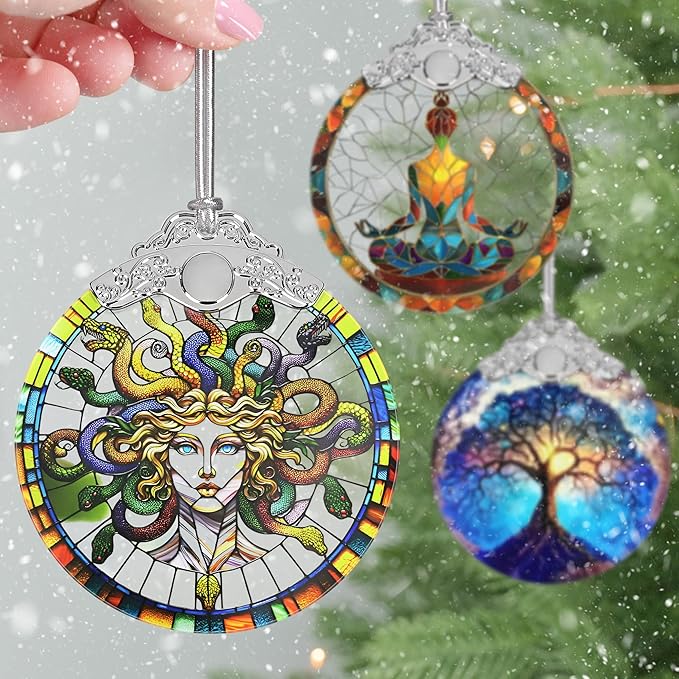 Medusa Christmas Ornaments, 3" Stained Glass Christmas Decor, Christmas Tree Ornaments, Gifts for Women, Unique Gift Idea, Perfect for Holiday Party, Tree, Window, Home Decor