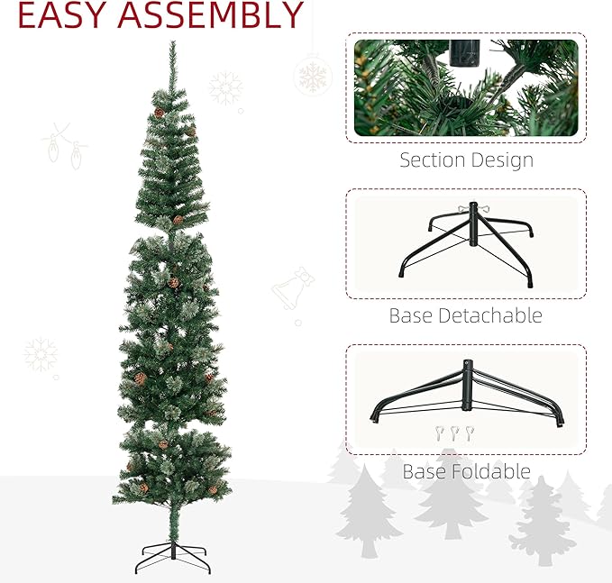 HOMCOM 9.5 Foot Pencil Artificial Christmas Tree, Slim Pine Needles Xmas Tree with Realistic Branches, Pine Cones, Metal Base, Green