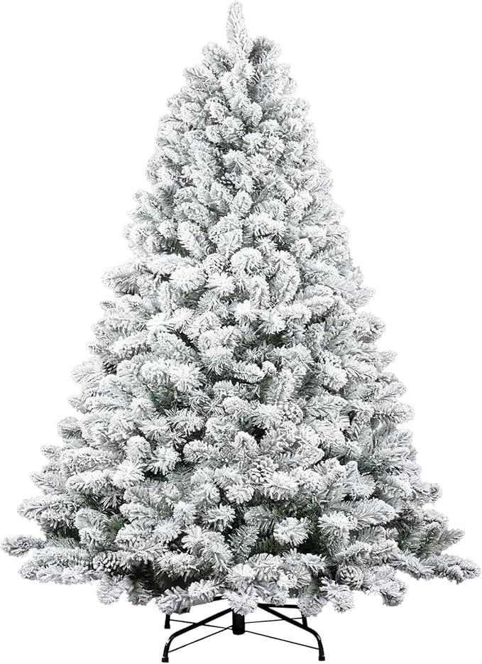 7ft White Artificial Christmas Tree with Snow Flocked Branches, Realistic Full Shape Xmas Tree with Sturdy Metal Stand for Indoor Holiday Decoration