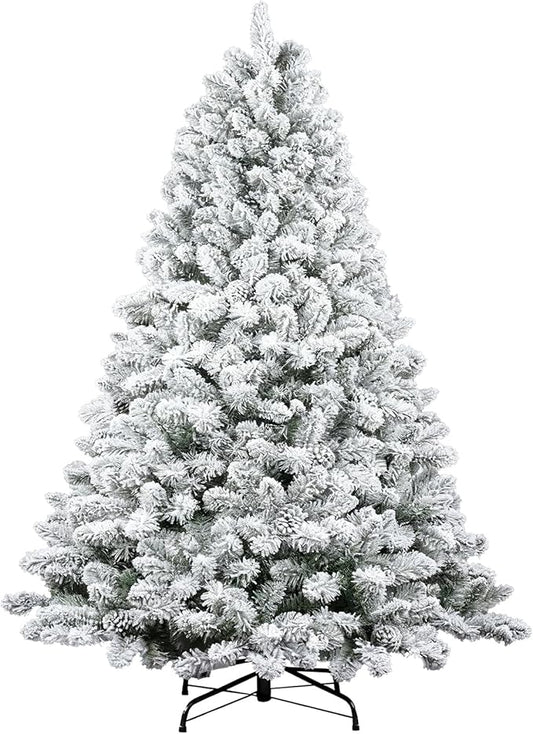 6ft White Artificial Christmas Tree with Snow Flocked Branches, Realistic Full Shape Xmas Tree with Sturdy Metal Stand for Indoor Holiday Decoration