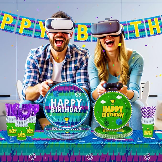 194pcs Video Game Birthday Party Decorations Party Plates Napkins Disposable Paper Cups Straws Banner Tablecloth Video Game Party Supplies Tableware Set for Kids Boys Birthday Decor 24 Guests