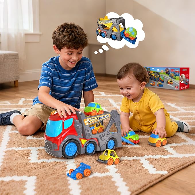 P&C 12.2" Toddler Car Transport Truck Toys for Ages 2-4, Auto Car Carrier Transporter Double-Deck Truck‌ Toy Set with Sounds Lights for Kids 18M+ 2 3 4 5, Ideal Birthday for Boys Girls