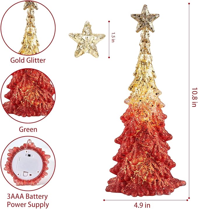 Valentine’s Day Gift 11 Inch Tabletop Christmas Tree with Sparkling Glitter - Battery Operated Acrylic Lighted Christmas Tree for Home Office Valentine’s Day Decor, Warm White Glow