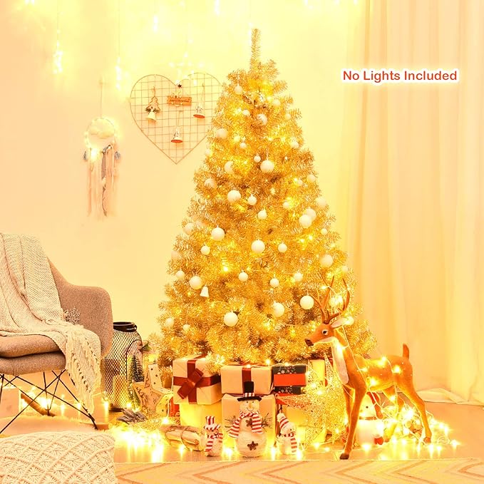 GOFLAME 6 FT Christmas Tree, 1036 Branch Tips, Artificial Tinsel Christmas Tree with Metal Stand, Artificial Hinged Christmas Tree for Indoor and Outdoor Holiday Decoration, Champagne Gold