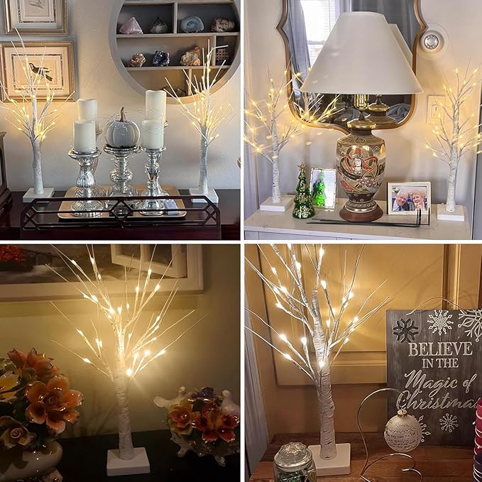 2-Pack 2FT Lighted Birch Tree with Timer for Christmas Decorations Indoor, Artificial Birch Tree with 48 LED Warm White Lights, Fairy Light Tabletop Centerpiece Tree for Christmas Winter Deocrations