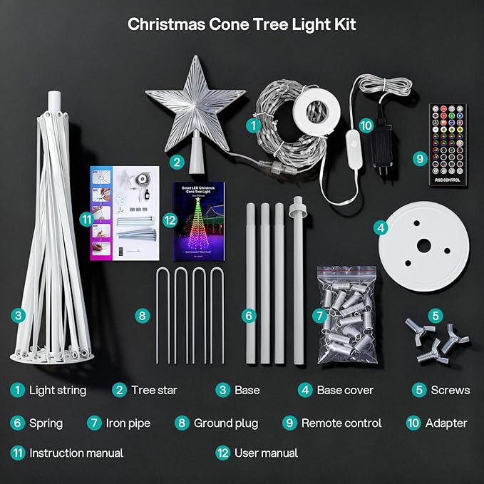 REYLAX 8FT Outdoor Christmas Cone Tree with 340 LEDs, RGB Color Changing Pre-lit Smart Christmas Tree Lights, DIY Lightshow, Music Sync, Outdoor Decoration Lights, App & Remote Control