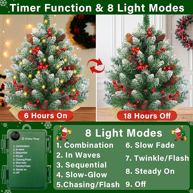 [2 Pack & Timer] 24 Inch Realistic Snowy Tabletop Christmas Tree Small Christmas Tree with 50 Warm Lights Battery Operated Red Berries Pine Cone Burlap Base Indoor Home Table Christmas Decorations