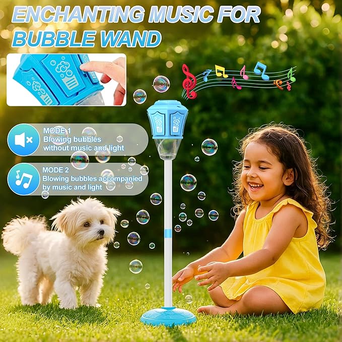 Bubble Machine for Kids with Lights & Music, 47” Automatic Bubble Stand Blower Wand, Rechargeable Outdoor Toy for Teens & Adults, Includes 150g Bubble Solution