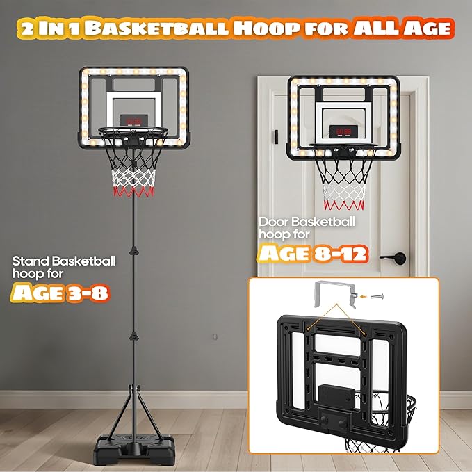 Kids Indoor Basketball Hoop with Scoreboard & Timer,Toddler Adjustable Height 3ft-5.8ft Basketball Hoop with Stand Goal Toy for Outdoor Backyard,Sports Game Play for Boys Age 3-8