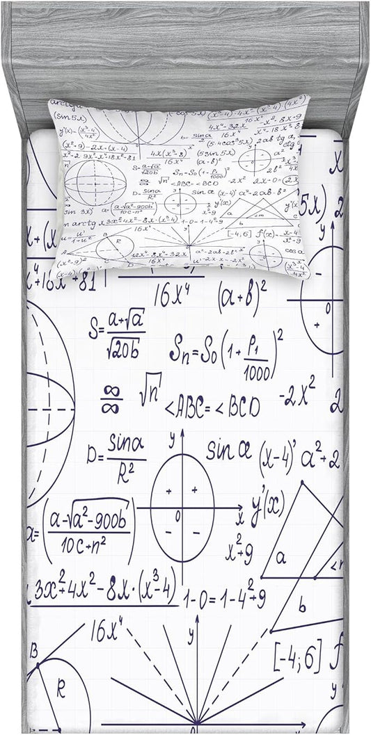Ambesonne Modern Fitted Sheet & Pillow Sham Set, Classic Math Geometry Science Themed Numbers Pattern on Plain Background, Decorative Printed 2 Piece Bedding Decor Set, Twinxl, Dark Purple and White