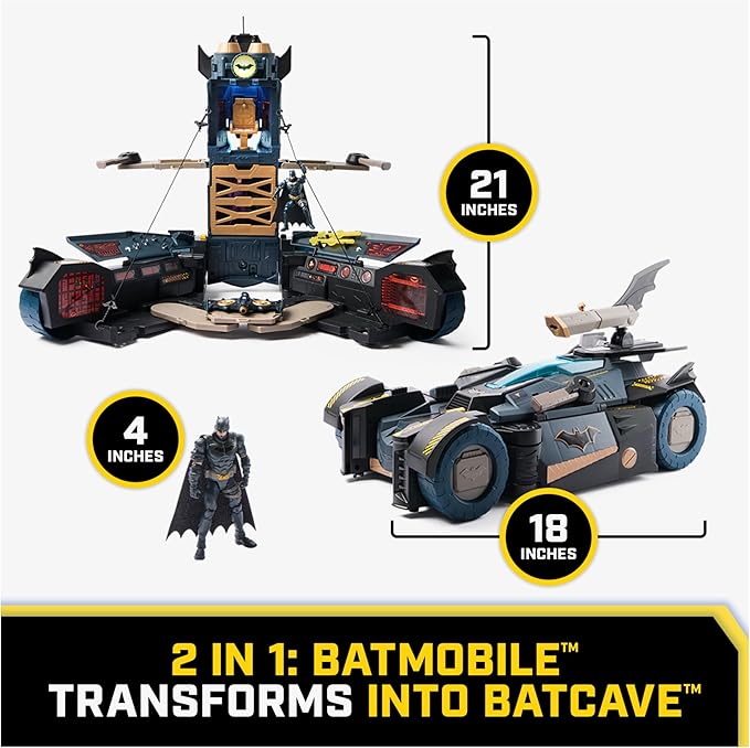 DC Comics Batman, Ultimate Transforming Batmobile Playset, 2-in-1 Playset with Exclusive Figure and Glider, Lights, Sounds, Kids Toys for Boys and Girls 4 and Up