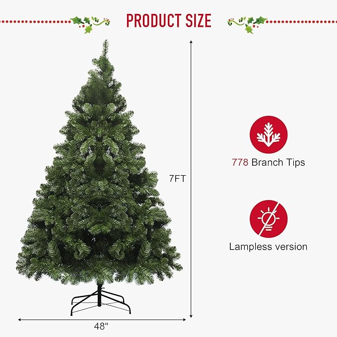 7ft Christmas Trees, Premium Hinged Artificial Christmas Tree Holiday Pine Trees with PVC Branch Tips Easy Assembly Metal Stand& Foldable Base Xmas Tree for Home, Office, Party Decoration.
