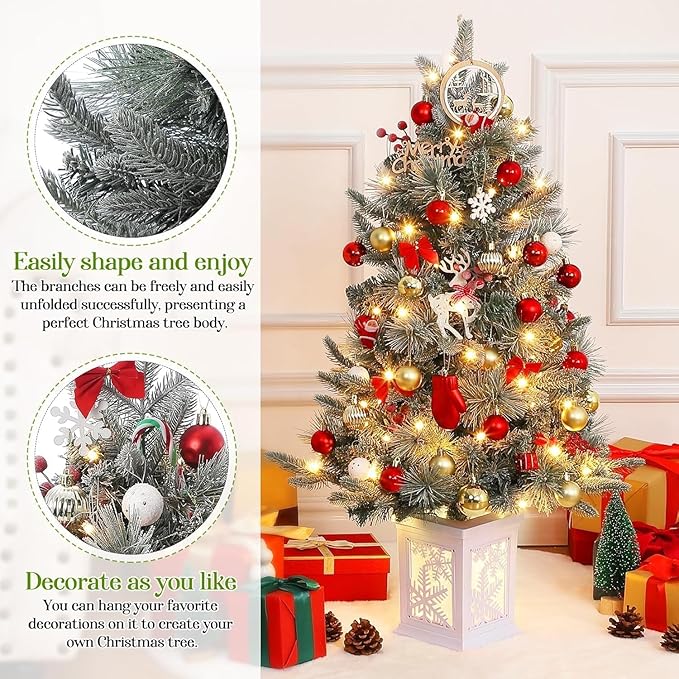 3FT Prelit Artificial Christmas Tree with Lights, 3 Foot Artificial Christmas Tree with Snowflake Base, 78 LED Prelit Christmas Tree, Battery Operated, Timer, Easy Assembly, Winter Holiday Decor