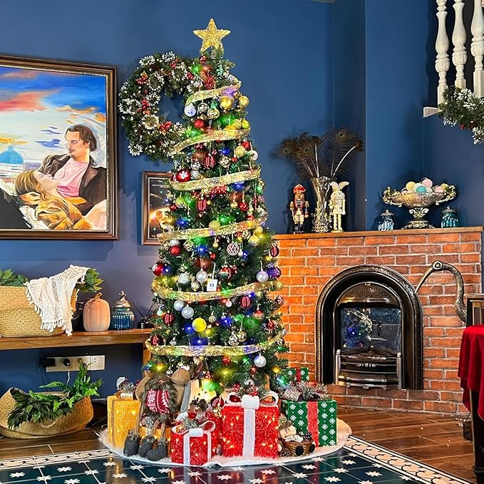 Hykolity 6ft Prelit Pencil Slim Christmas Tree with 200 Color Changing LED Lights, 544 Branch Tips, Metal Stand and Hinged Branches, 10 Color Modes