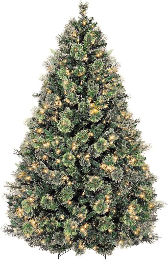 6 ft Prelighted Pine Christmas Tree, 350 Warm White LED Lights, Artificial Christmas Tree with 1016 PVC Branch Tips, Premium Stand, Easy Assembly for Indoor Holiday Decorating