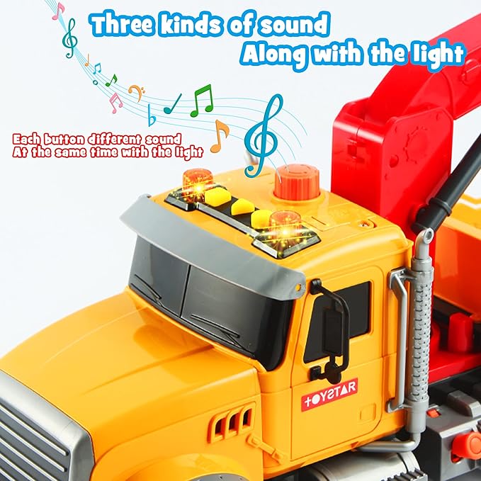 Dwi Dowellin Kids Toys for 3 4 5 6 7 Years Old Boys, 15" Large Tow Truck Toy,Friction Powered Transport Truck Crane Toy with Lights and Sounds,with Roadster,Toddlers Gifts