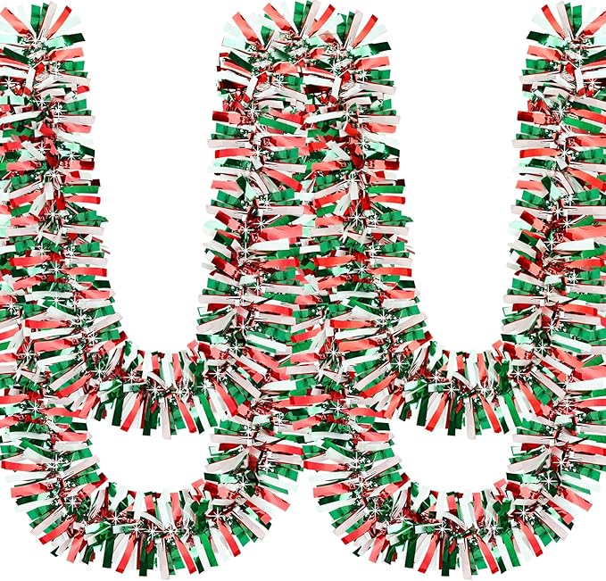 50Ft Christmas Tinsel Garland Red Green and White Xmas Tree Decorations Metallic Glitter Twist Garland for Christmas Decorations Anniversary Birthday Wedding Holiday Supplies Indoor Outdoor Supplies