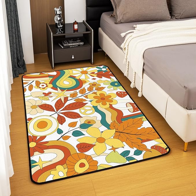 70S Groovy Hippie Flower Area Rug Girls Boho Rainbow Leaves Mushroom Pumpkin Flowers Carpet 5x7,Vintage Wavy Floral Decorative Rug Aesthetic Psychedelic Funky Non Slip Rug for Bedside