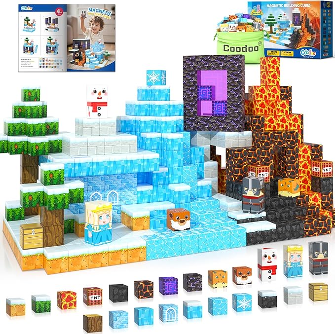 Coodoo Frozen Toys Magnetic Blocks - Build Mine Magnet World Frozen & Lava Set, Magnetic Tiles Building Blocks Toddler STEM Sensory Outdoor Kids Toys, Gifts for Boys & Girls for Ages 3 4 5 6 7 8