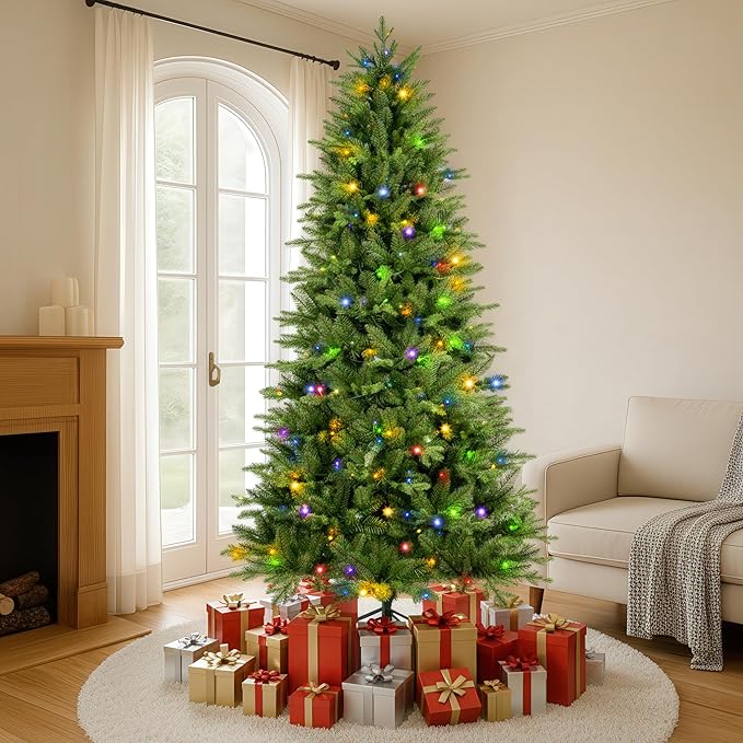 7.5ft Pre Lit Christmas Tree with 500 Multi-Color LED Lights – Artificial Balsam Holiday Tree with 2058 Realistic PE & PVC Tips, Foot Pedal, Hinged Branches, and Metal Stand