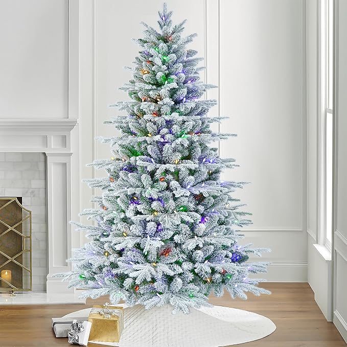 7 Feet Pre-lit Flocked PE Christmas Tree with 1575 Branch Tips, 350 Dual-Color Multi-Functional LED Lights