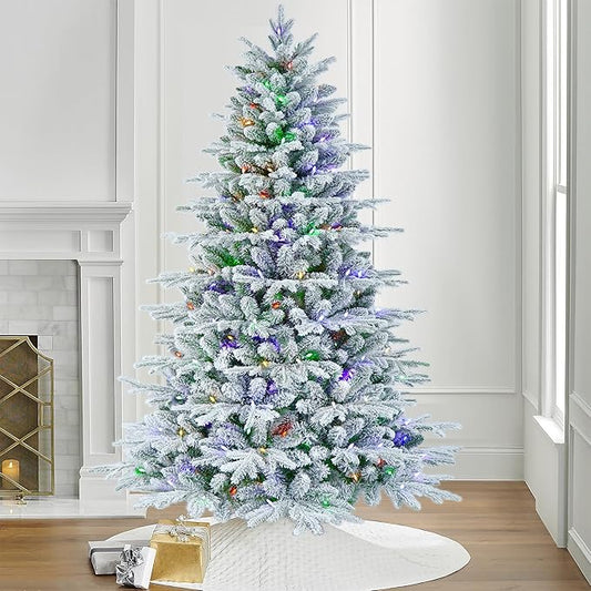 7 Feet Pre-lit Flocked PE Christmas Tree with 1575 Branch Tips, 350 Dual-Color Multi-Functional LED Lights