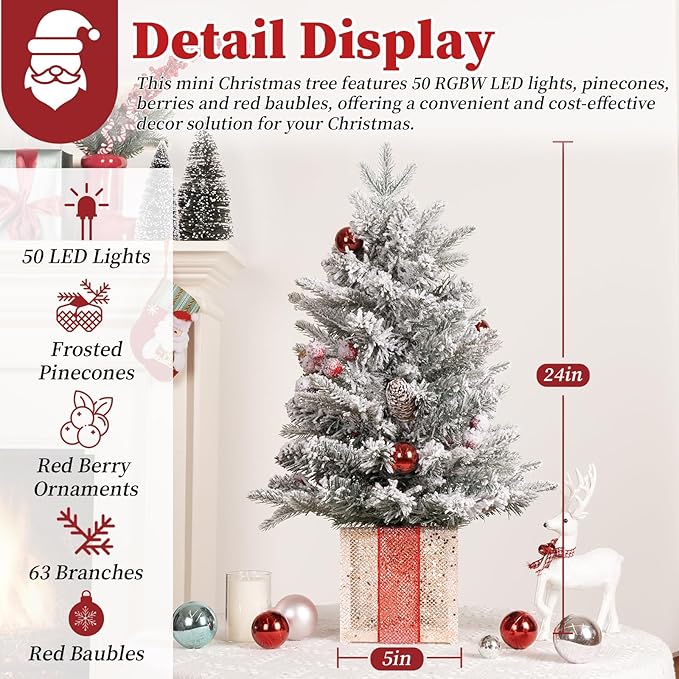 Brightever 2FT Small Christmas Tree, Prelit Mini Christmas Tree with 50 Multi-Color LED Lights, Gold Gift Box Base, Battery Operated Little Xmas Tree for Table Top, Pinecone & Berries Included, Green