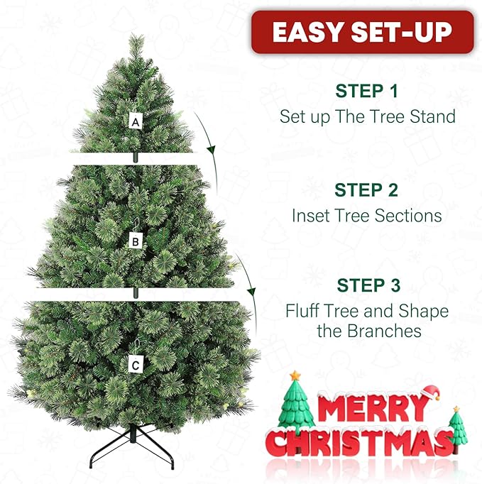 7.5 ft Prelighted Pine Christmas Tree, Artificial Christmas Tree with 450 Warm White Lights, 1580 PVC Branch Tips, Premium Stand, Easy Assembly for Indoor Holiday Decorating