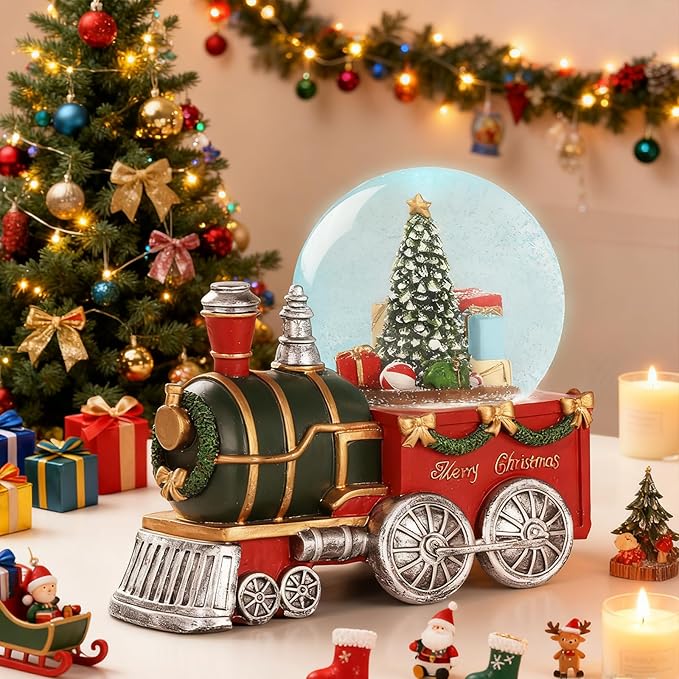 Json Lighted Musical Christmas Train Snow Globe Lantern with Christmas Trees, Battery Operated Water Glittering Lantern with Music and 6H Timer Christmas Table Centerpiece Decoration and Gift
