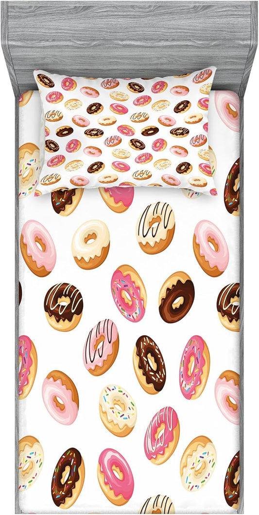 Ambesonne Food Fitted Sheet & Pillow Sham Set, American Traditional Classic Breakfast Fast Food Dessert Tasty Donuts Art Print, Decorative Printed 2 Piece Bedding Decor Set, Twinxl, Coral Cream