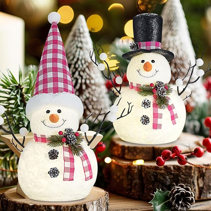 2 Pack Pink Christmas Decor, 14" Lighted Plush Snowmen Christmas Trees with Pine Cone Twigs, Light Up Snowman Holiday Present, Xmas Party Gifts Tabletop Ornaments (Pink and White)
