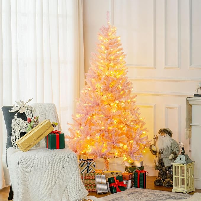 HOMCOM 6' Tall Prelit Christmas Tree Douglas Fir Artificial Christmas Tree with Realistic Branches, 250 Warm White LED Lights and 1000 Tips, Pink