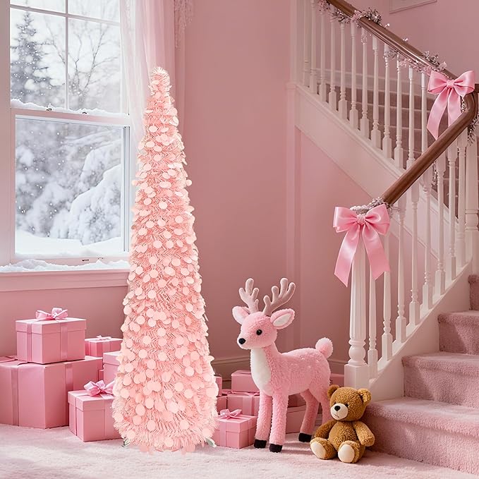 5FT Collapsible Christmas Trees with 90 Lights, Pink Artificial Sequin Pop Up Christmas Tree, Tinsel Slim Pencil Christmas Tree for Home Holiday Fireplace Party Indoor Outdoor Xmas Decorations