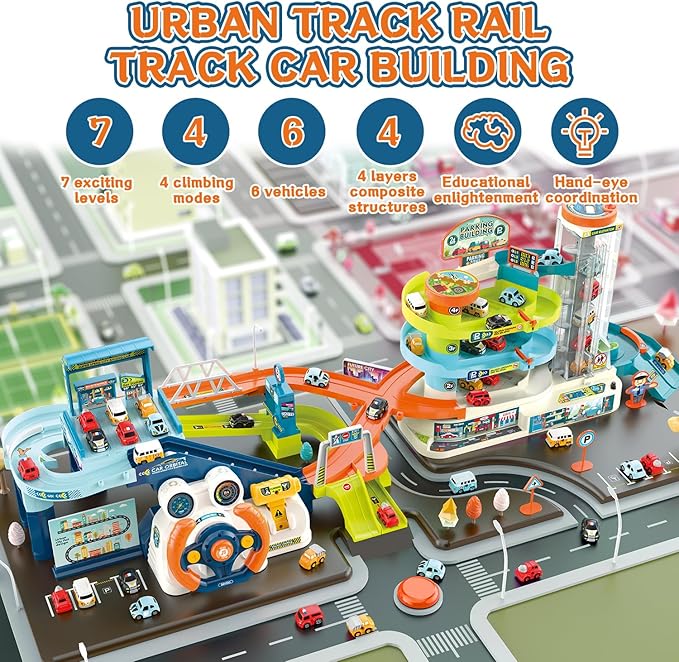 Fisca 2-in-1 Race Car Tracks PlaySet for Kids, Toy Car Ramp Track and Lifting Parking Lot, Dual Mode Toddler Car Track Toy Playset with 6 Cars, Automatic Rotary Elevator, Steering Wheel Music Driving