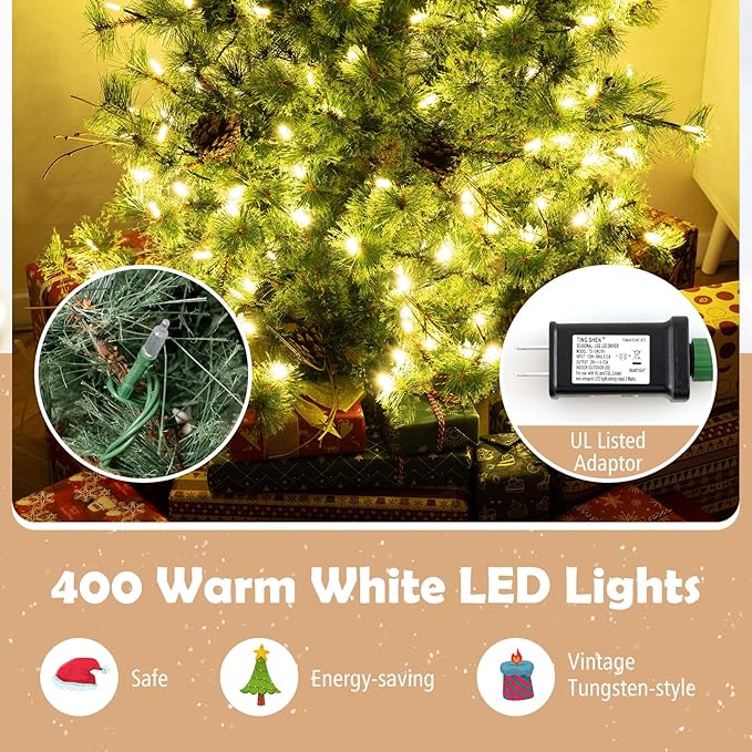 GOFLAME 8FT Pre-lit Christmas Tree, Artificial Xmas Tree with 400 Warm White LED Lights, 702 Branch Tips, Withered Branches, Pine Needles & 36 Pine Cones, Holiday Decoration Tree for Home Party