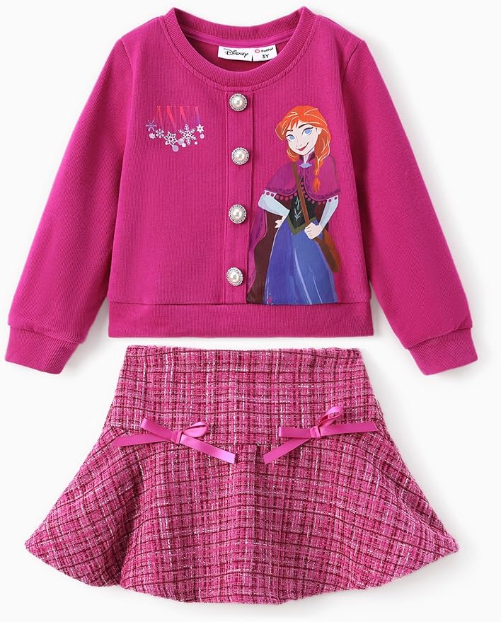 Disney Frozen Elsa Stitch Princess Moana Minnie Toddler Girl 2 Piece Outfit Kid Pearl Button Knit Top & Tweed Skirt Set 2-13Y