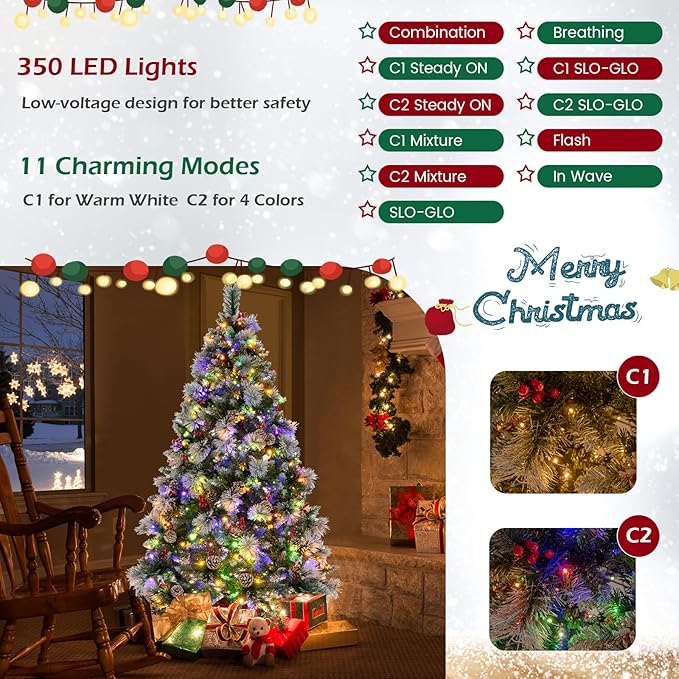 GOFLAME 6FT Pre-Lit Christmas Tree with Pine Needles, Hinged Artificial Xmas Tree with 747 Branch Tips, 350 LED Lights, 55 Pine Cones & 55 Red Berries, Holiday Decoration Tree with 11 Lighting Modes