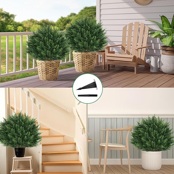 Artificial Cypress Topiary Tree with Ground Spike, Set of 2 Artificial Shrub Bushes, Fake Evergreen Tree for Porch, Artificial Plants for Outdoor Planters Indoor UV Resistant
