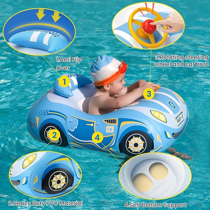 3D Car Thick PVC Inflatable Baby Swim Pool Float with Sun Shade Cover and Steering Wheel - Age 1-4 Years Old
