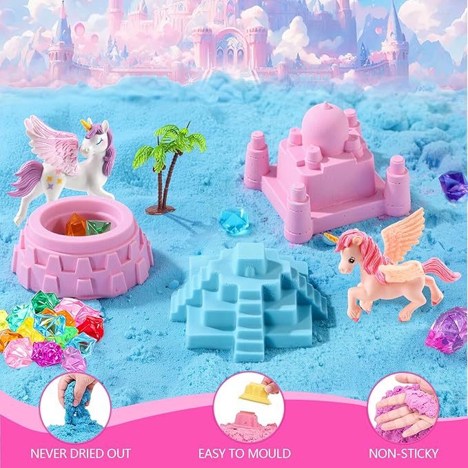 MYDOVA Unicorn Sensory Bin for Girl, Magic Sand Art Kit for Boys and Girl with Sandbox, Castle Molds, 2.18lb 3 Color Sand, Best Unicorn Toy Kits Christmas Birthday Gift for Toddler Ages 3+