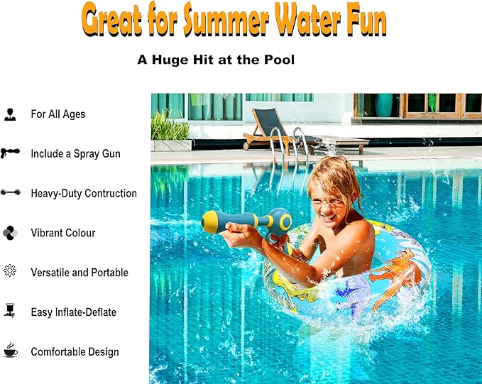 Inflatable Pool Float with Water Gun, Floaties for Adults Teens and Kids, Pool Toys for Kids Ages 8-12, Beach Inner Pool Tubes for Floating, Summer Fun Pool Party Swim Ring