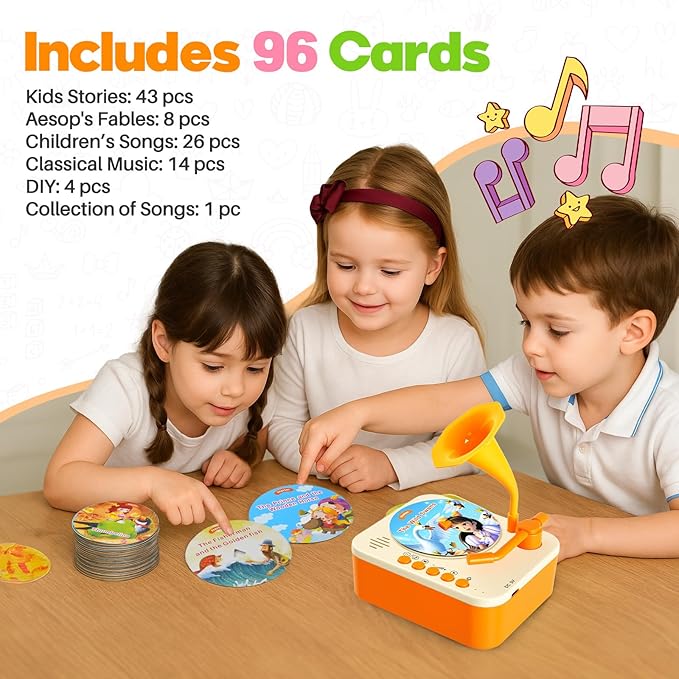 Kids Phonograph Toddler Record Player， with 96 Learning Cards, Early Education Machine Record Player Music Box Storyteller pop Speakers, Gift for Boys and Girls