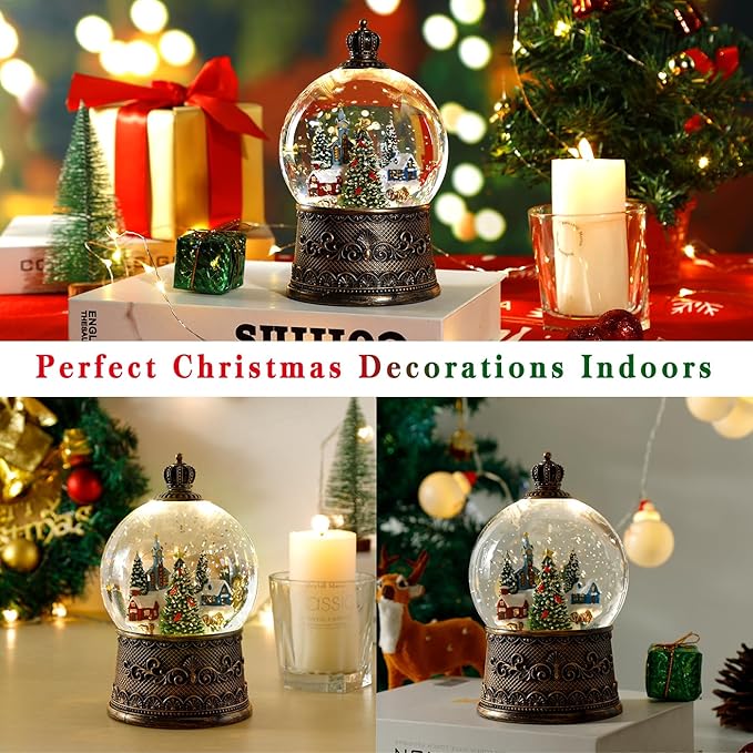 100mm Christmas Snow Globe with Music and Water Feature Christmas Lantern Decorations Snow Village with Large Christmas Tree Dual Power Supply Mode: USB and Battery Powered
