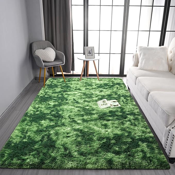 Pettop Fluffy Shag Area Rug, 4x6 Tie-Dyed Plush Fuzzy Rugs for Living Room, Ultra Soft Shaggy Rugs for Bedroom, Non-Slip and Washable Indoor Carpet for Girls Kids Room Home Decor, Dark Green