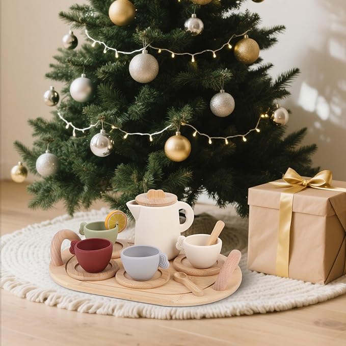 Tea Party Set, 14pcs Wooden Tea Party Set: Magical Role-Play Fun with Safety & Learning, Ideal Gift for Halloween, Christmas, Birthday for Little Girls Over 36 Mouths