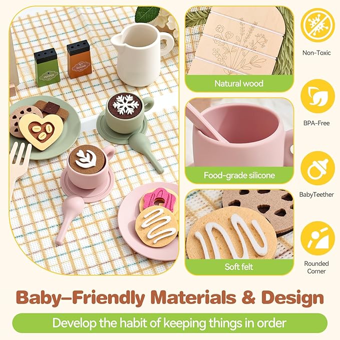 Youuys Wooden Tea Party Set for Toddlers Little Girls with Silicone Teapot Set & Felt Toys & Flower Arranging Toy and Portable Storage Basket, Pretend Play Toys for 3 4 5 6 Year Old Girl