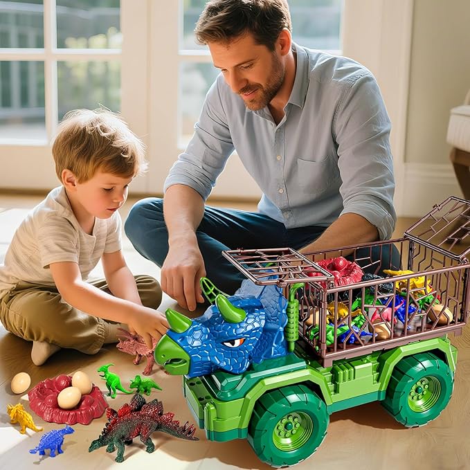 22 in 1 Triceratops Dinosaur Truck Toys for Kids Boys Ages 3-5-7 4-8, Dino Carrier Truck with 18 Jurassic Dino Figures, 3 Dinosaur Eggs, 3 4 5 6 7 8 Year Old Toddler Boy Girl Birthday Gifts