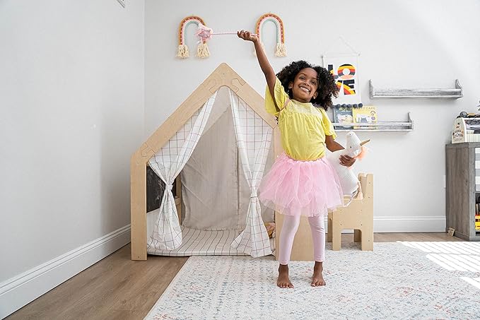 Avenlur Flair Montessori Style Wooden 5 in 1 Indoor Playhouse Play Tent with Desk Table, Chair, Chalkboard, Floor Cushion and Curtain Shades for Babies, Toddlers, Kids (Large, Windowpane)