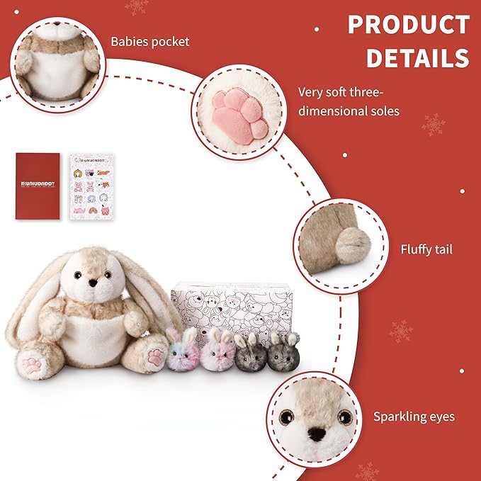 Niuniu Daddy 20" | 5Pcs Bunny Stuffed Animals Family Set, Mommy Rabbit Plush with 4 Babies Toys, Cute Large Body Pillow for Girls Boys Adults with Easter Birthday Party Presents